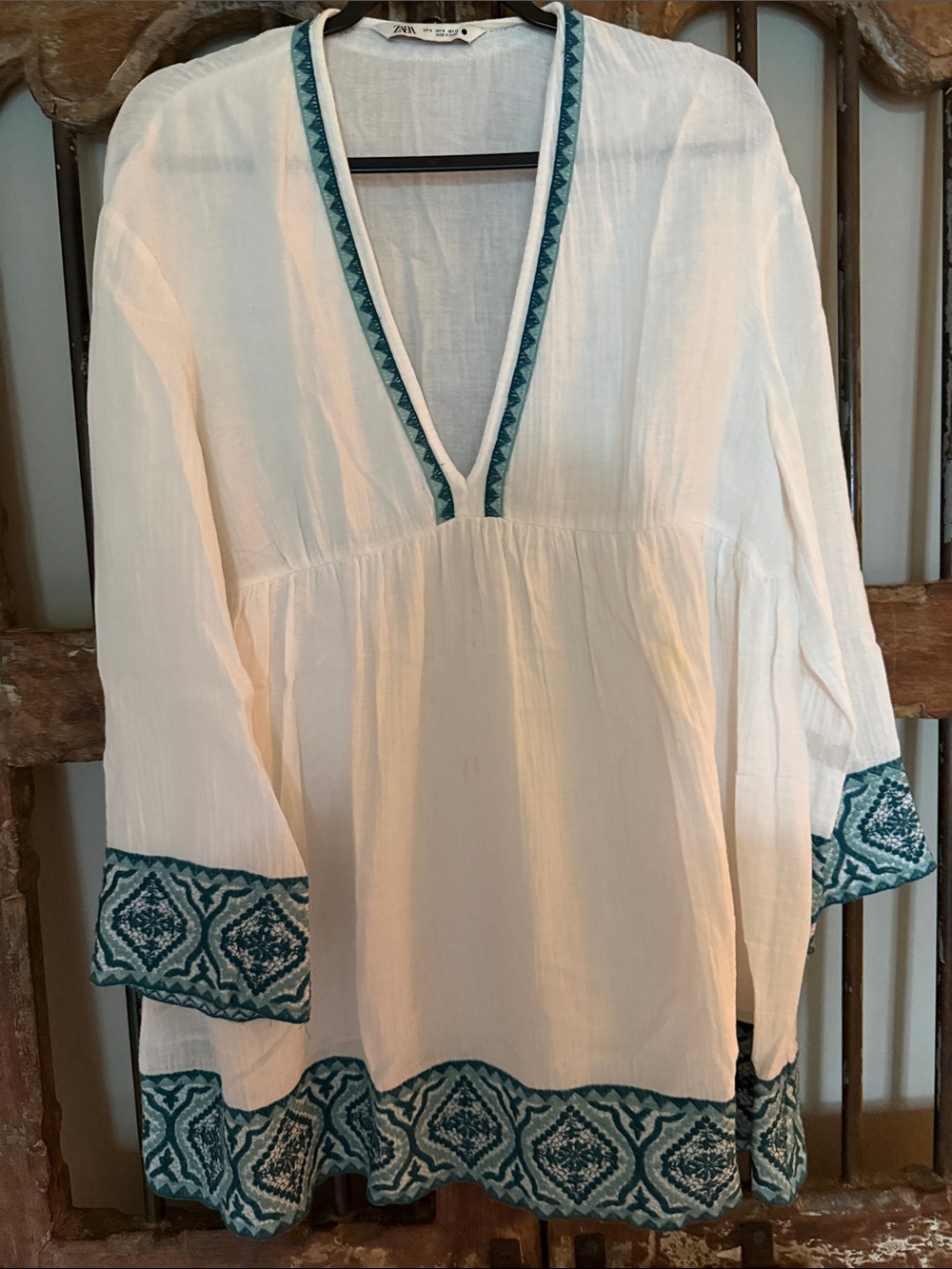 Zara Cream Tunic with Teal Embroidered Trim